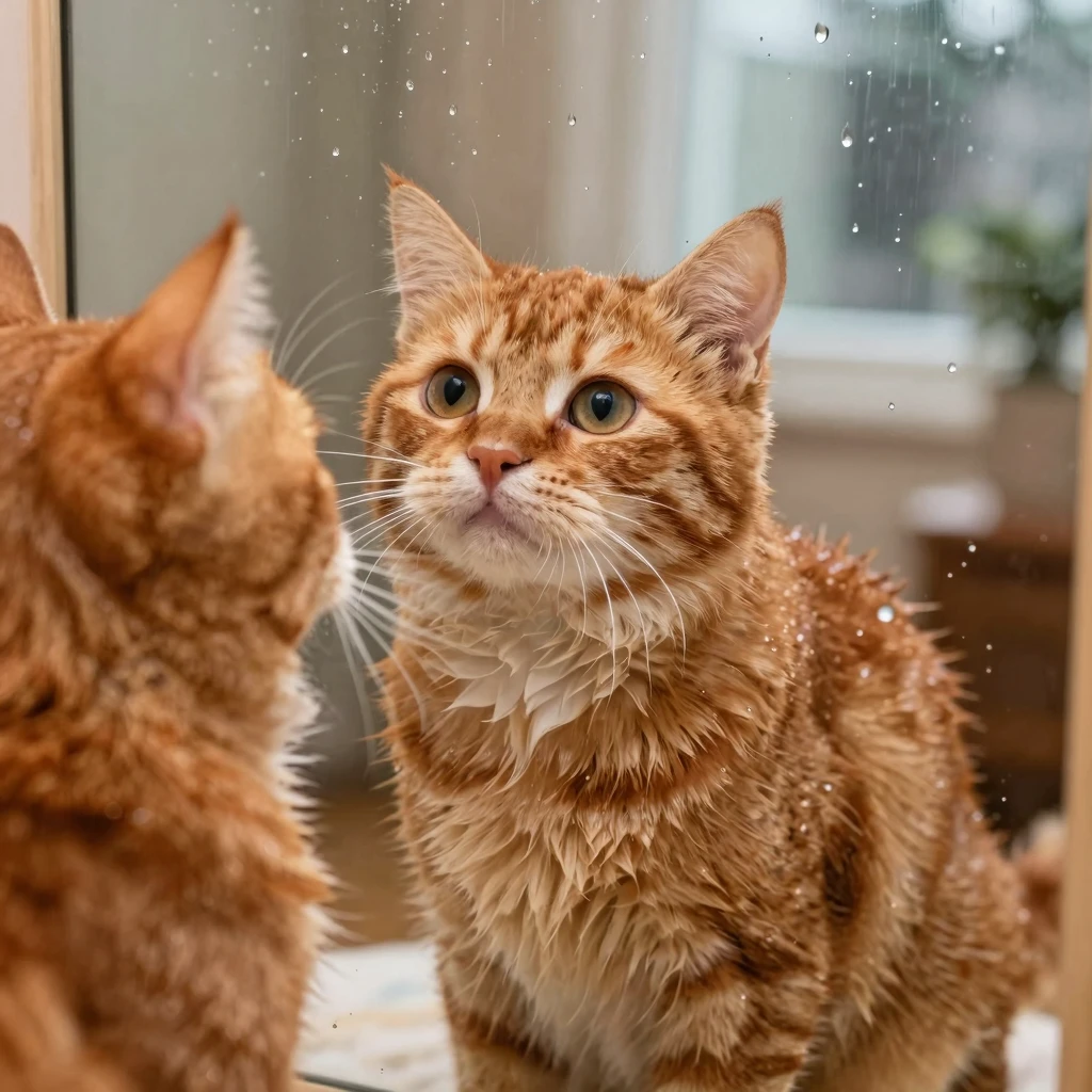 A cute ginger cat with shiny wet fur, looking into a mirror ...
