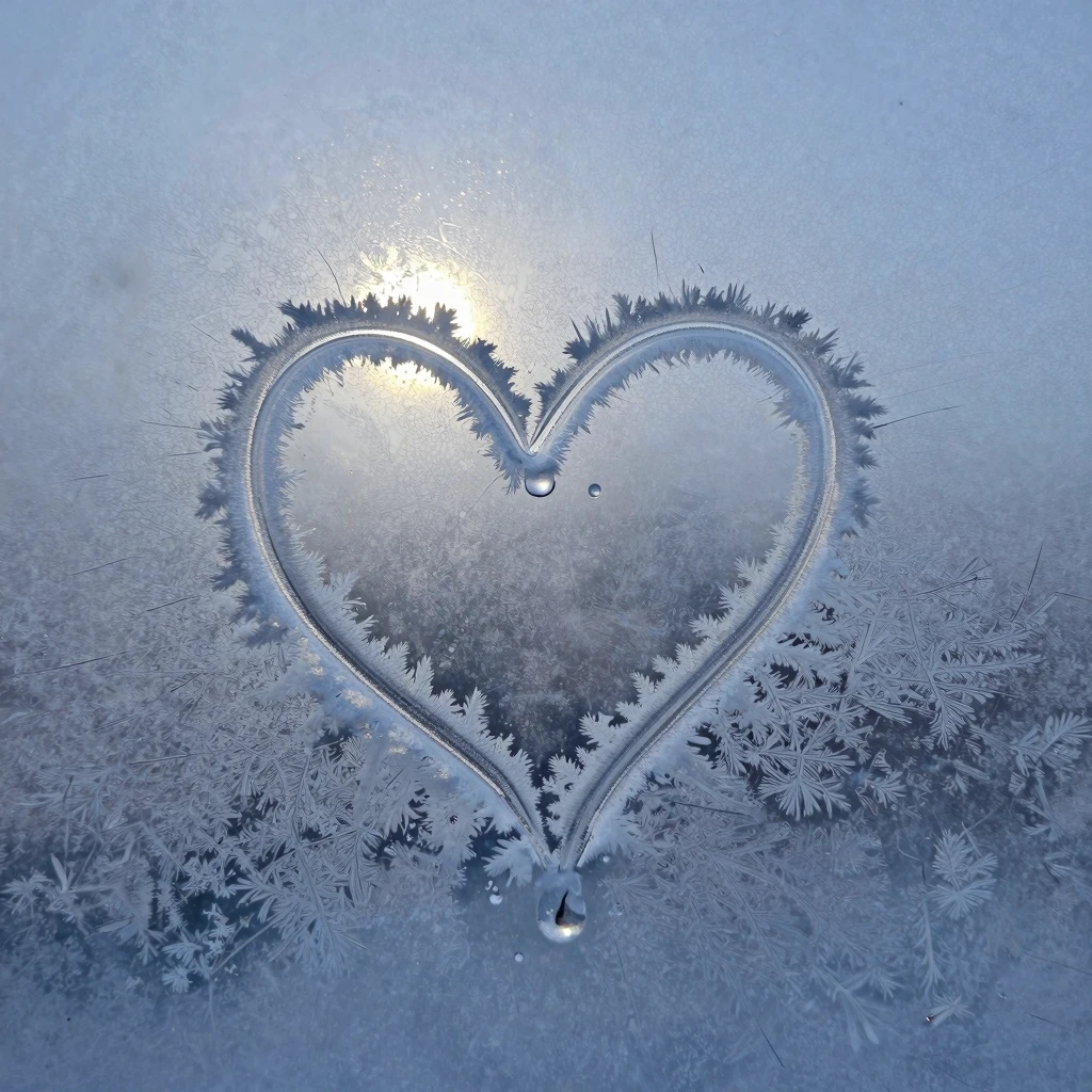 A close-up of a frozen windowpane with a small heart traced ...