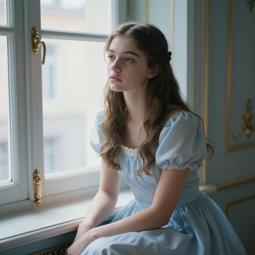 A close-up of a 17-year-old princess with a gentle but deter...
