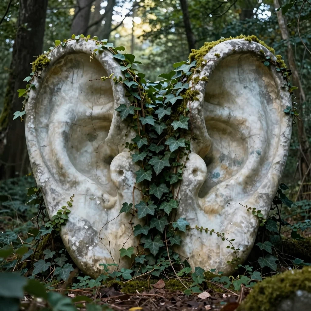 A pair of giant, ancient ears made of marble, partially cove...