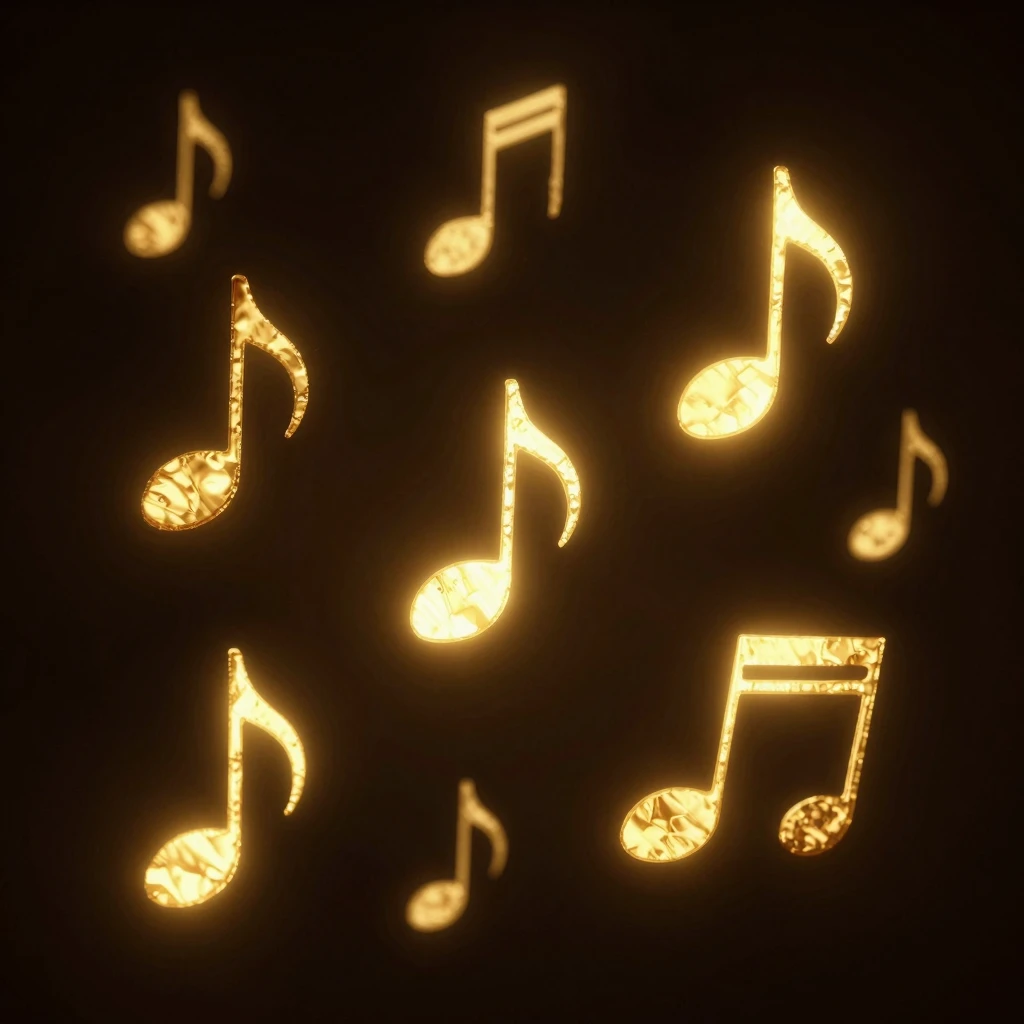 Glowing golden musical notes with jagged irregular shapes fl...