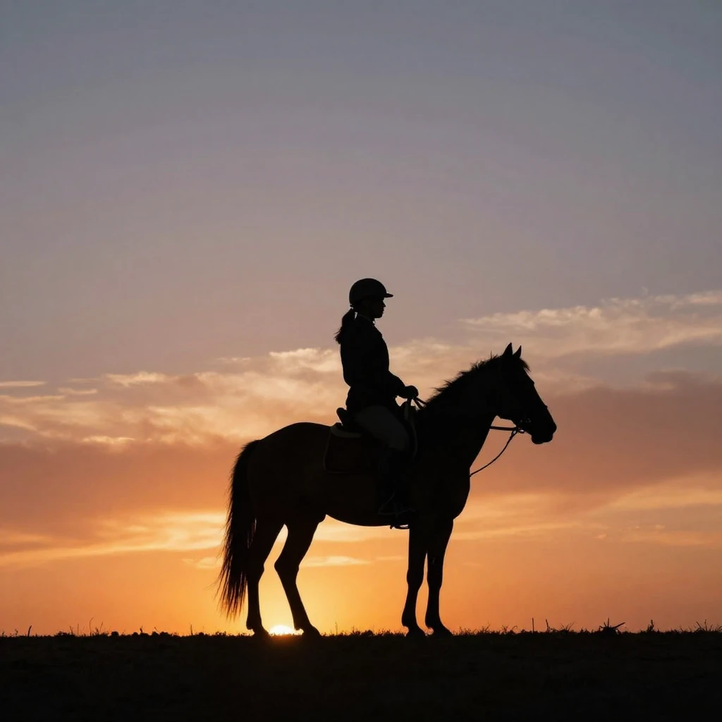 A dramatic silhouette of a lone rider on a horse, standing o...