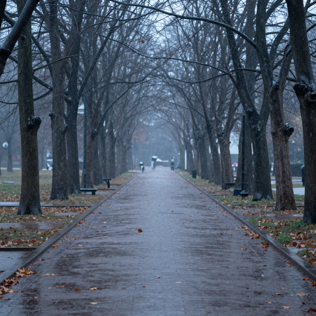 A wide shot of a park alley with rain and first snow falling...