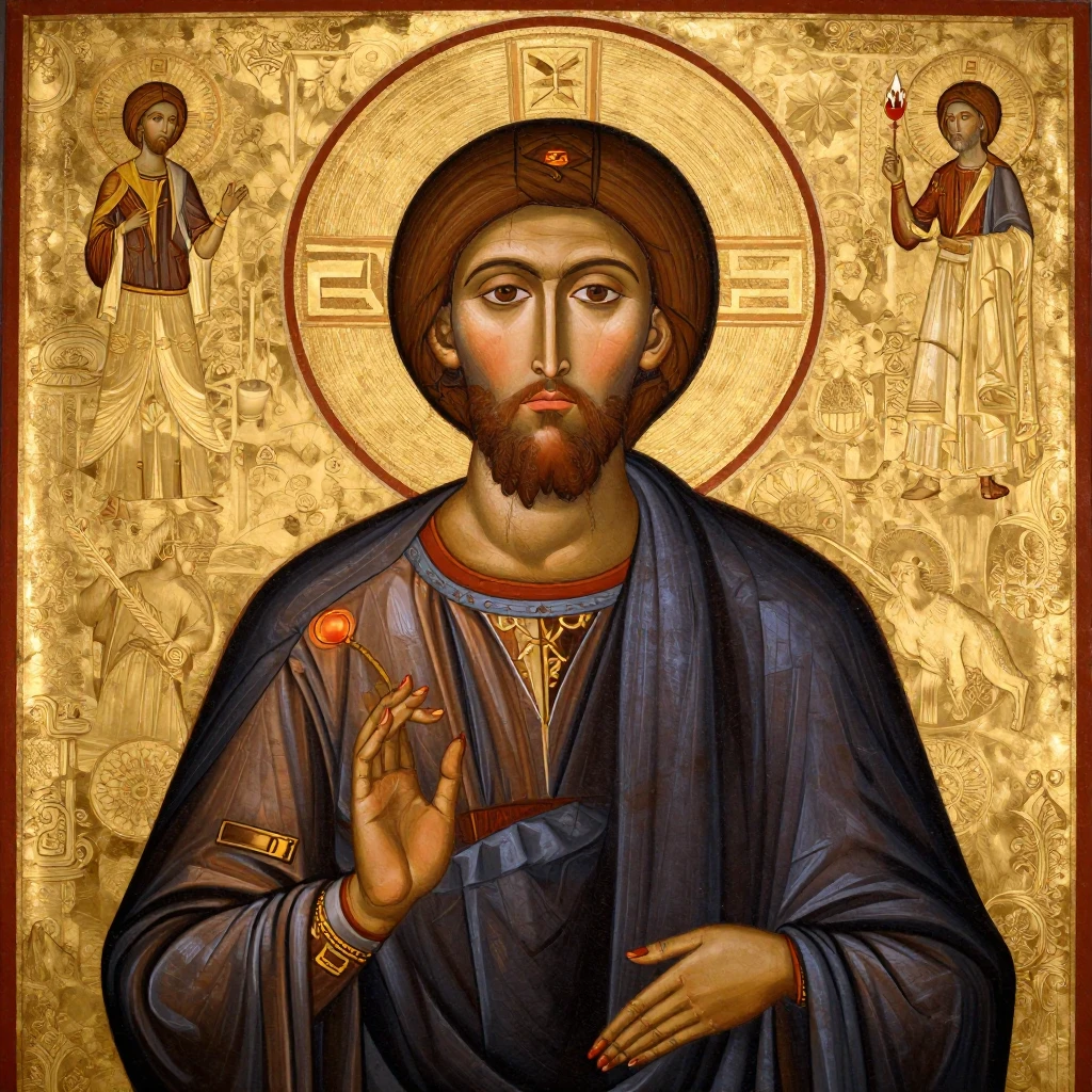 A detailed Byzantine icon depicting a saint, rich gold backg...