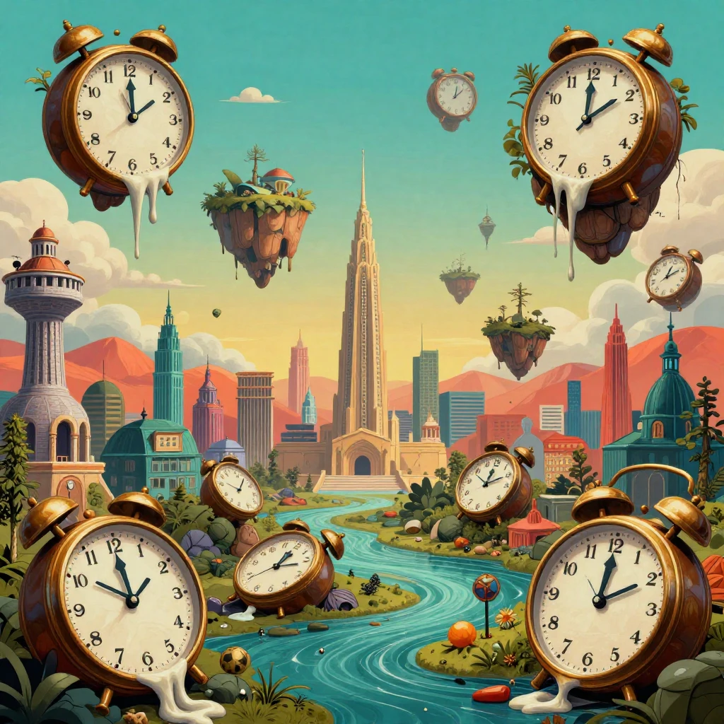 A chaotic, surreal landscape with melting clocks, floating i...
