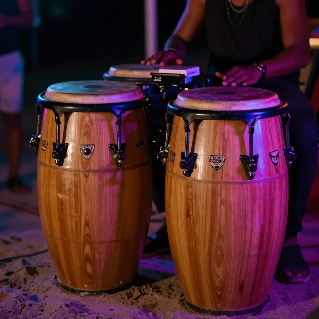 Close-up of tropical percussion instruments like congas and ...