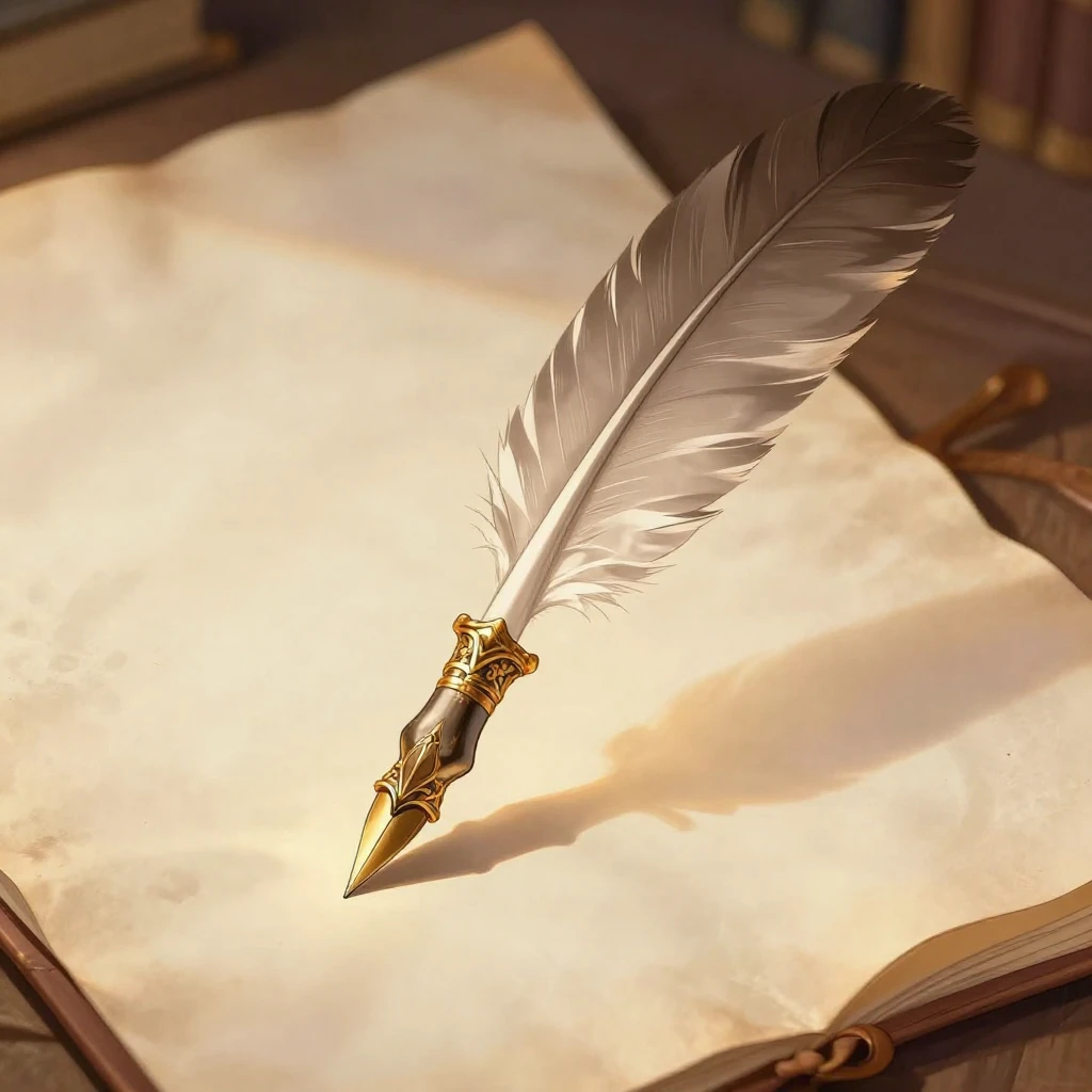 A detailed illustration of an ornate quill resting on a blan...