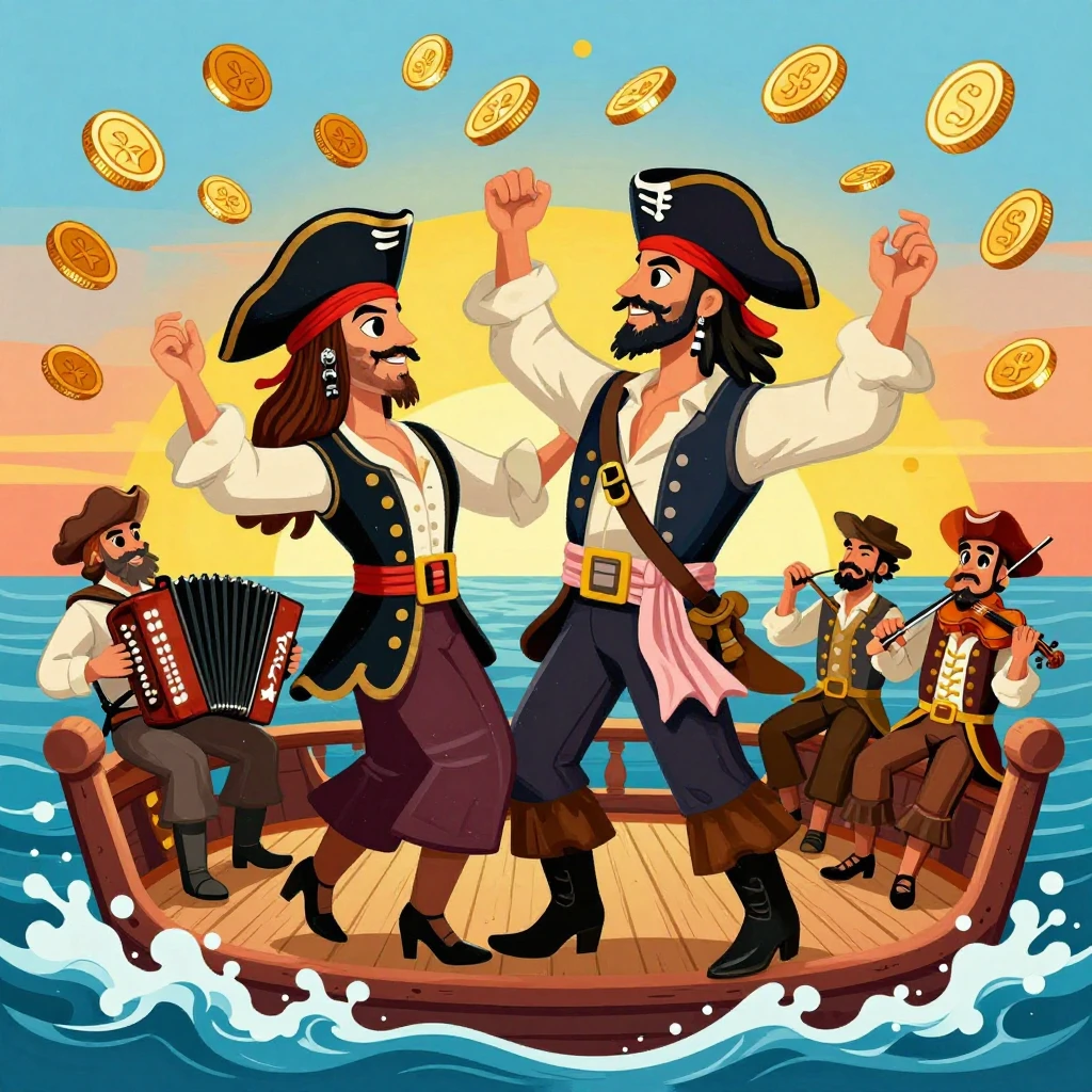Folk art style pirates dancing on a ship deck, golden coins ...