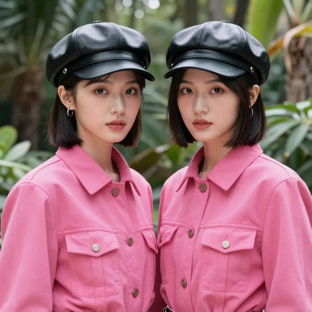 Two beautiful Chinese women with stylish bob haircuts, weari...