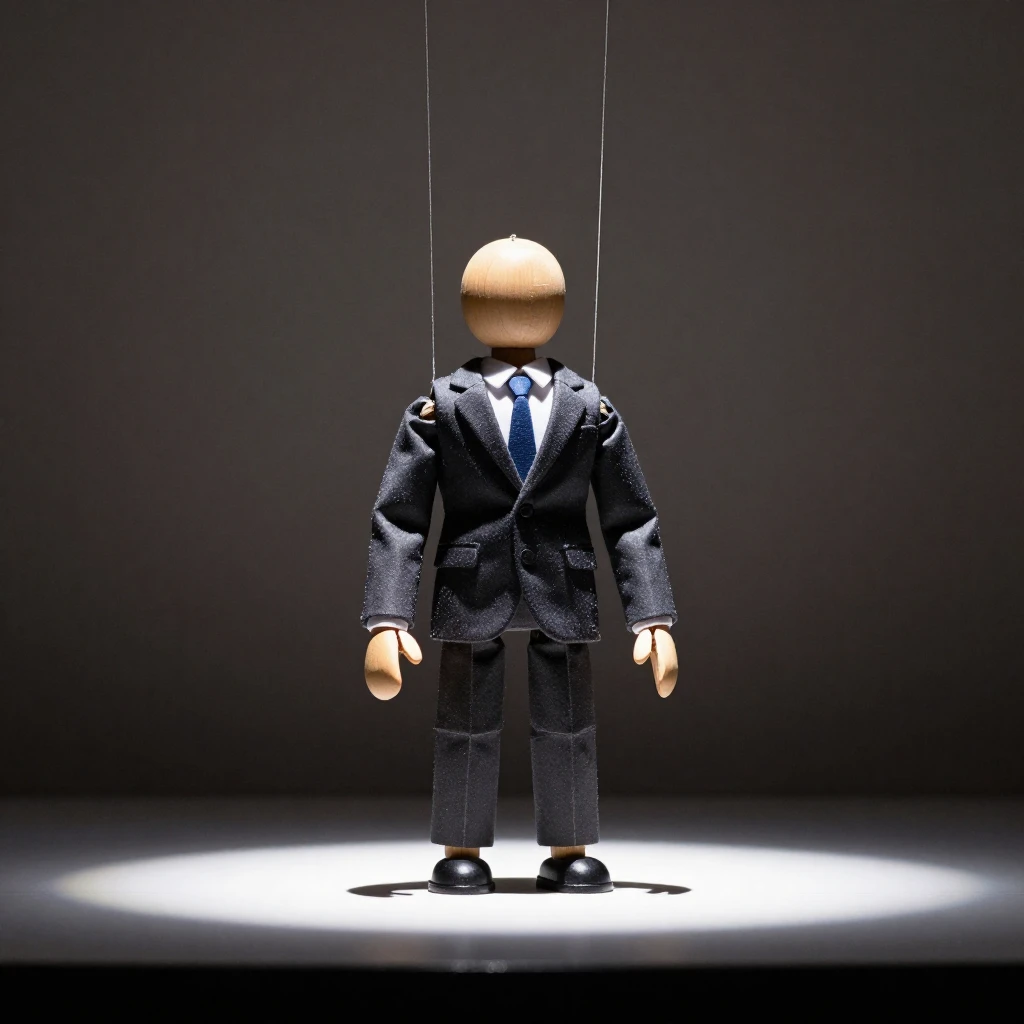 A wooden puppet dressed in a business suit, with visible str...