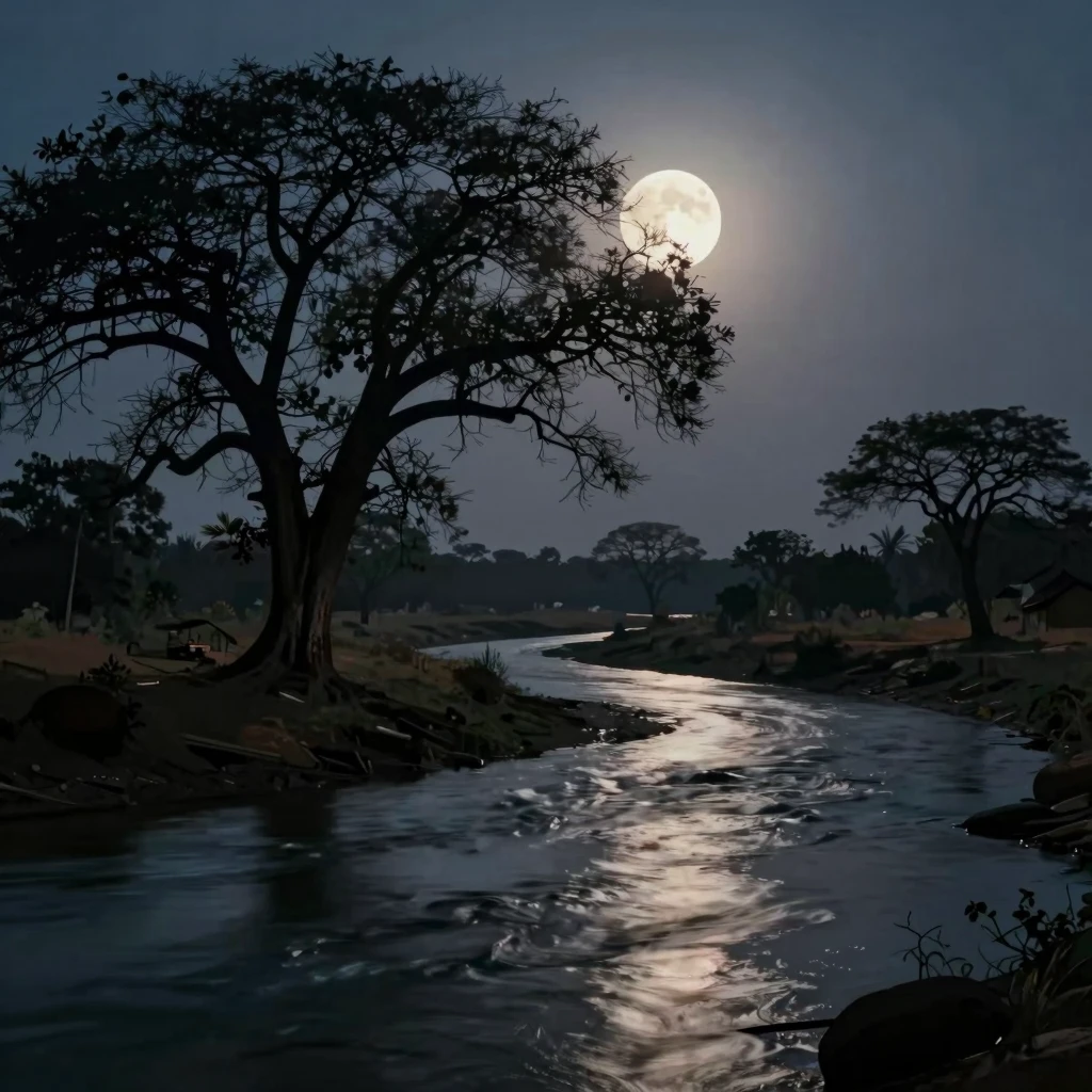 A stylized Indian landscape at night with a slow-flowing riv...