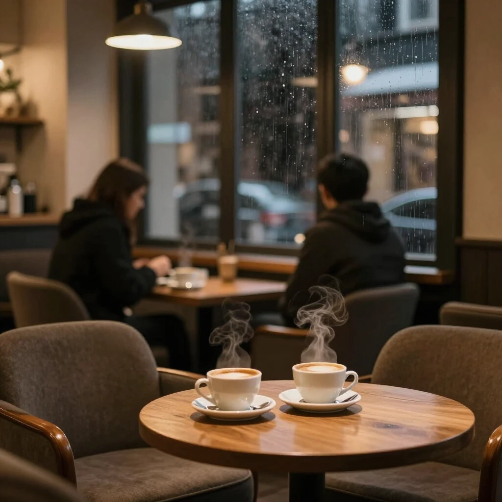 A cozy cafe interior with warm lighting, steaming coffee cup...