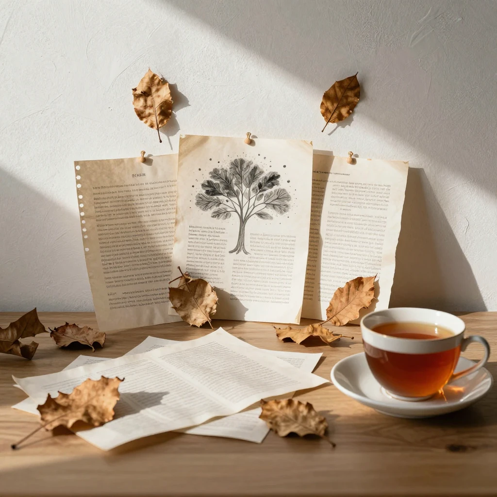 Creative mess on a desk with papers, dried leaves, a cup of ...