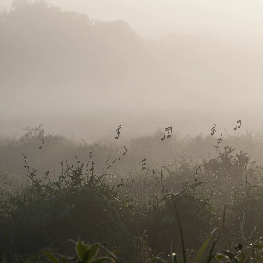 A tranquil landscape scene depicting a misty morning. Soft, ...