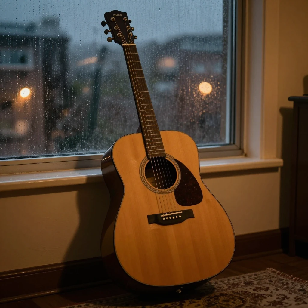 Still life of an acoustic guitar leaning against a window wi...