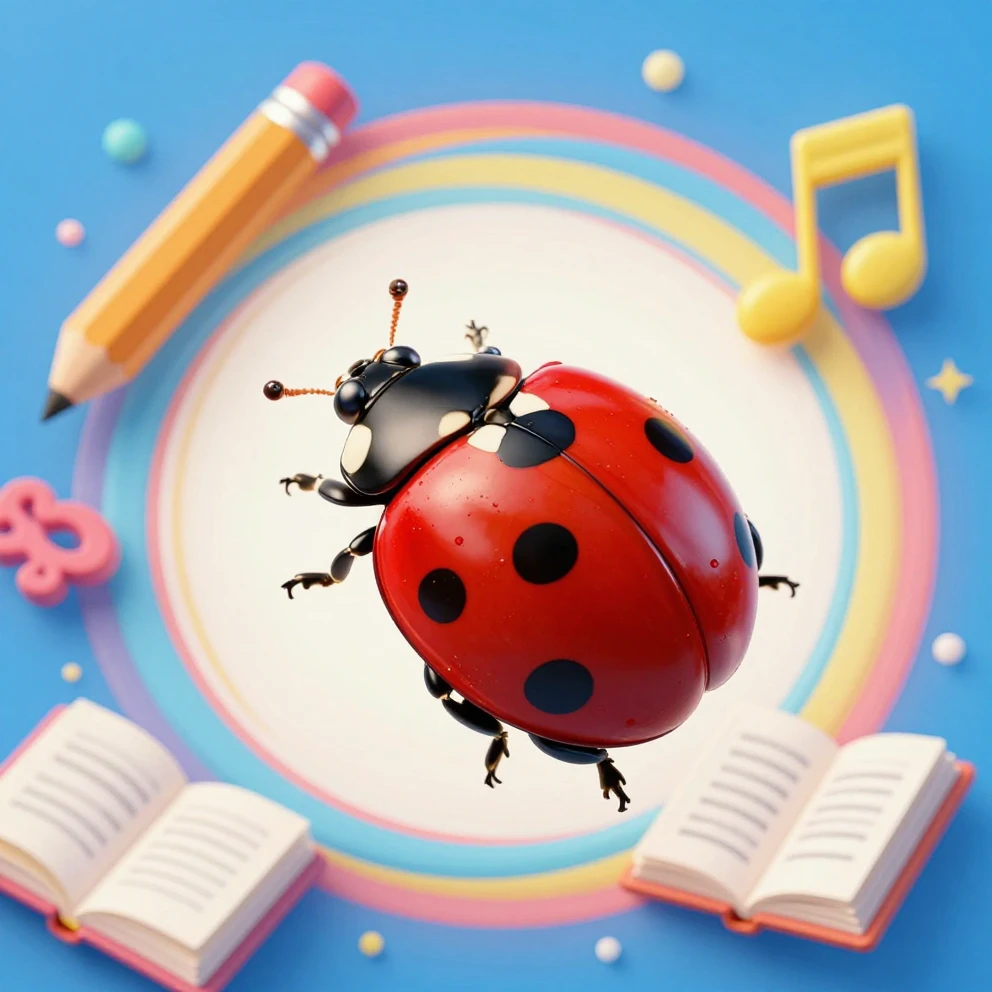A shiny red ladybug with black spots in a dynamic flying pos...