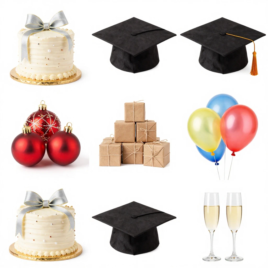 A collage or montage of various celebration elements: a wedd...