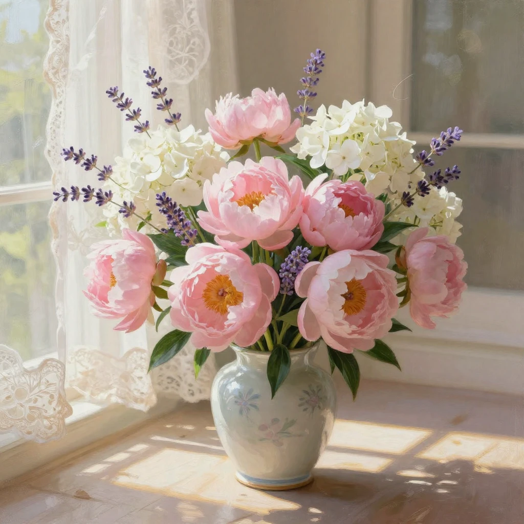A magnificent, overflowing bouquet of soft pink peonies, whi...