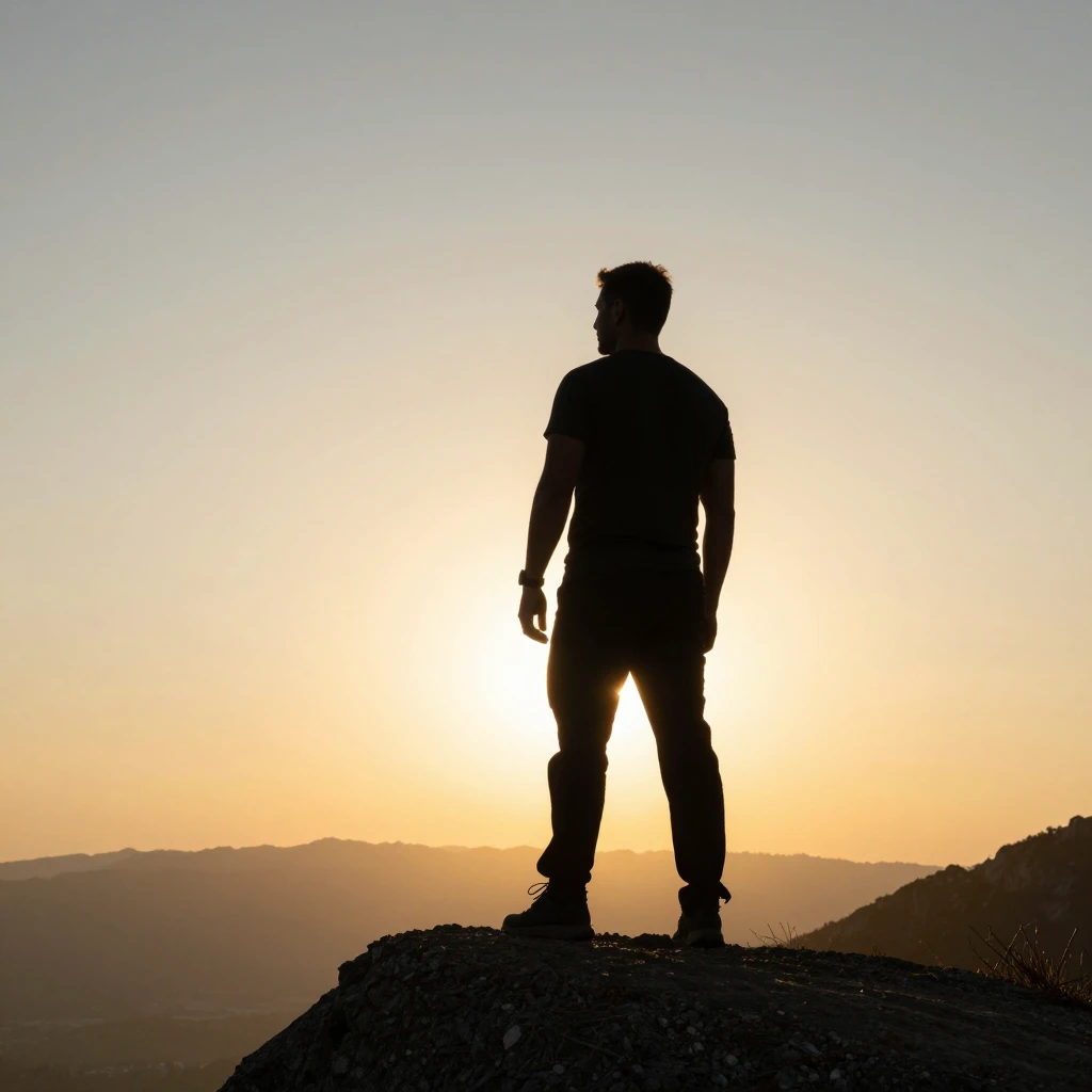 A silhouette of a strong man standing on a mountain ledge, l...