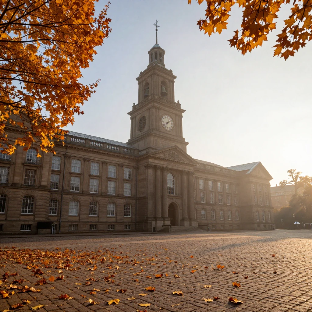 A wide-angle shot of a grand, historic school building with ...
