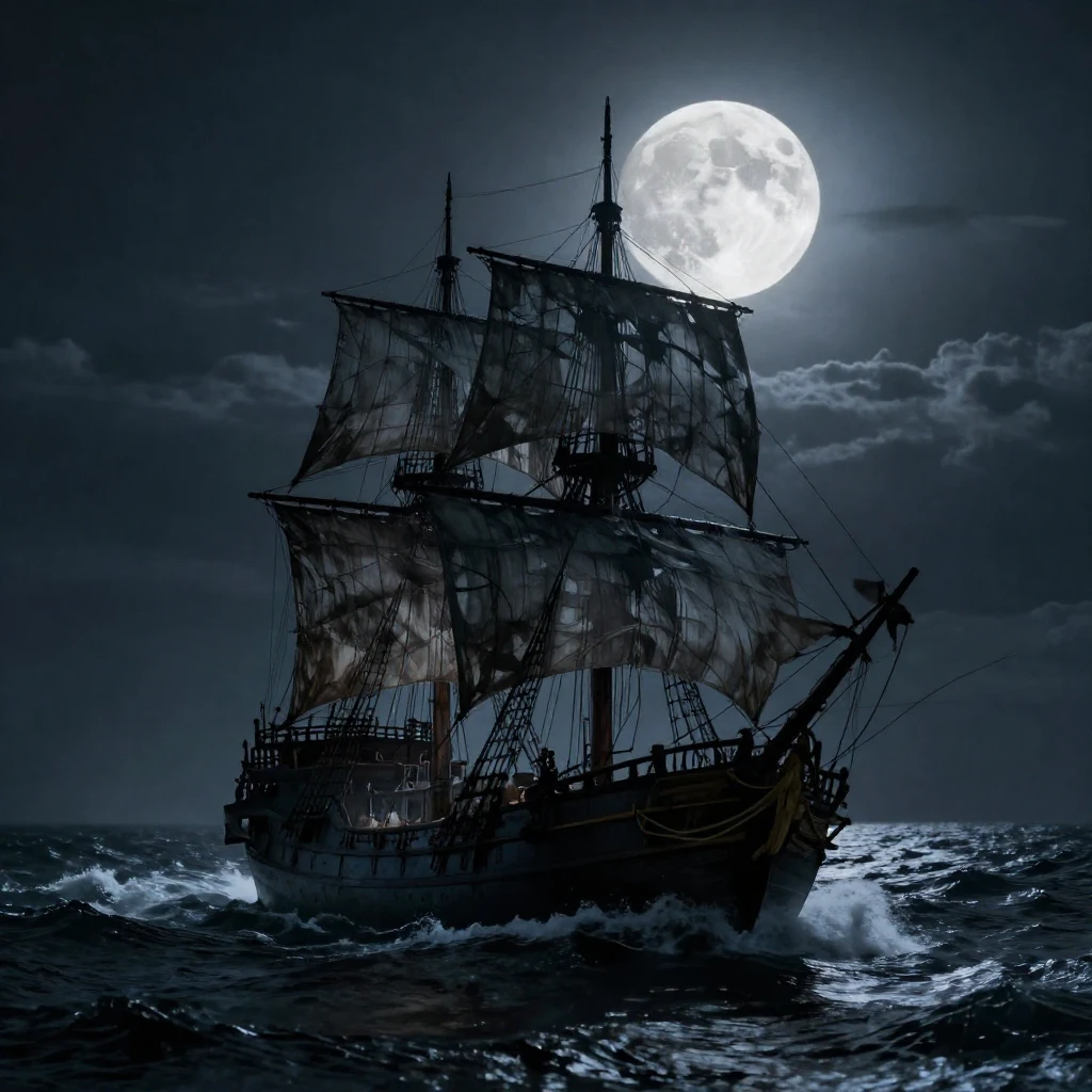 A gothic, haunting scene featuring a spectral ghost ship wit...