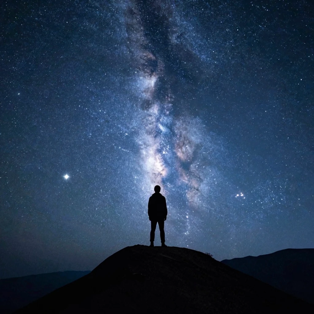 A person's silhouette standing on a mountain peak under a va...