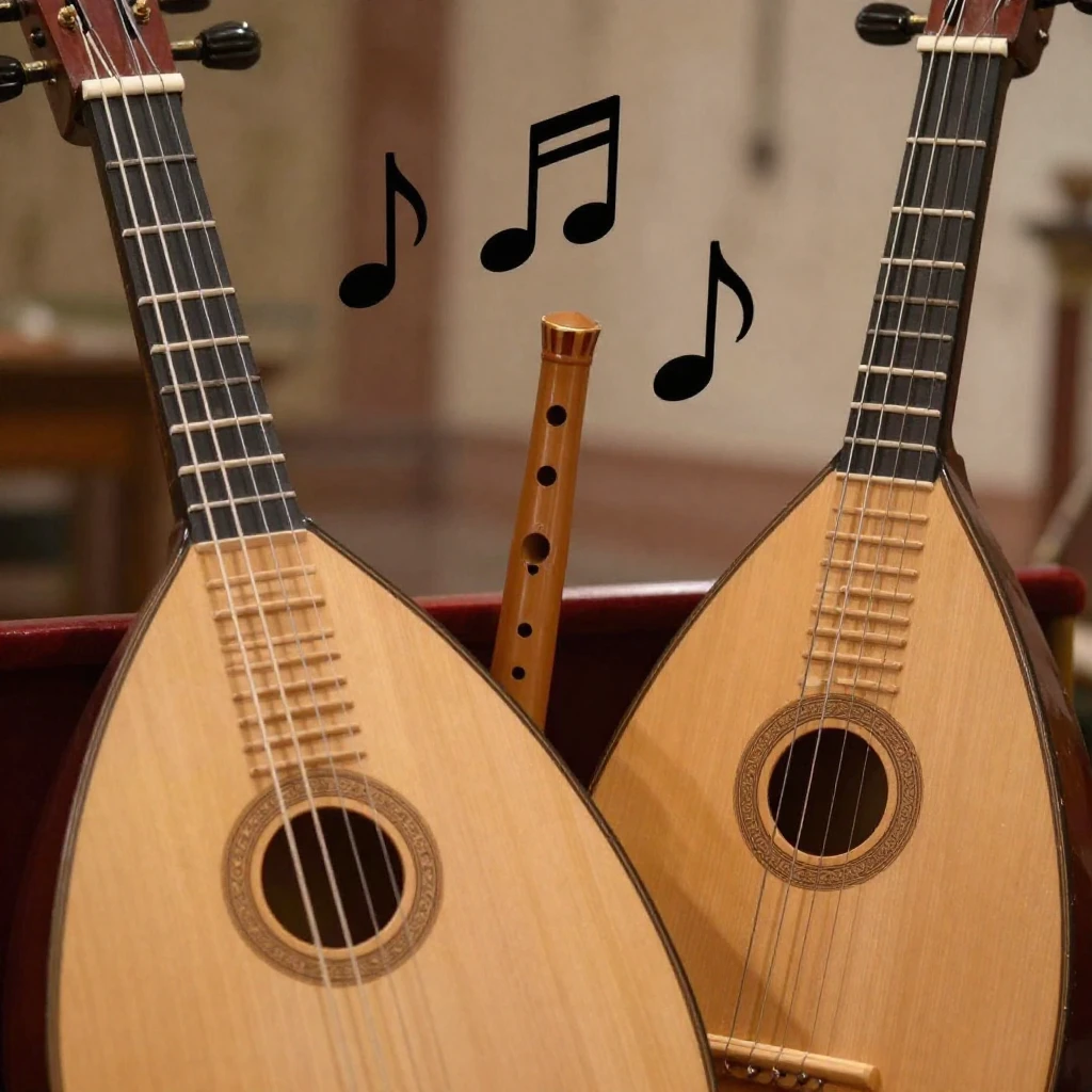 A close-up of medieval musical instruments like lutes and fl...