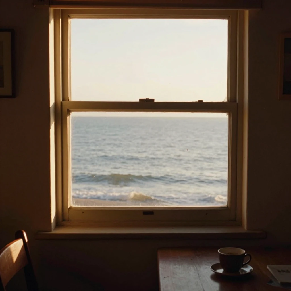 A calm sea pier visible from a cozy 1960s room window, golde...
