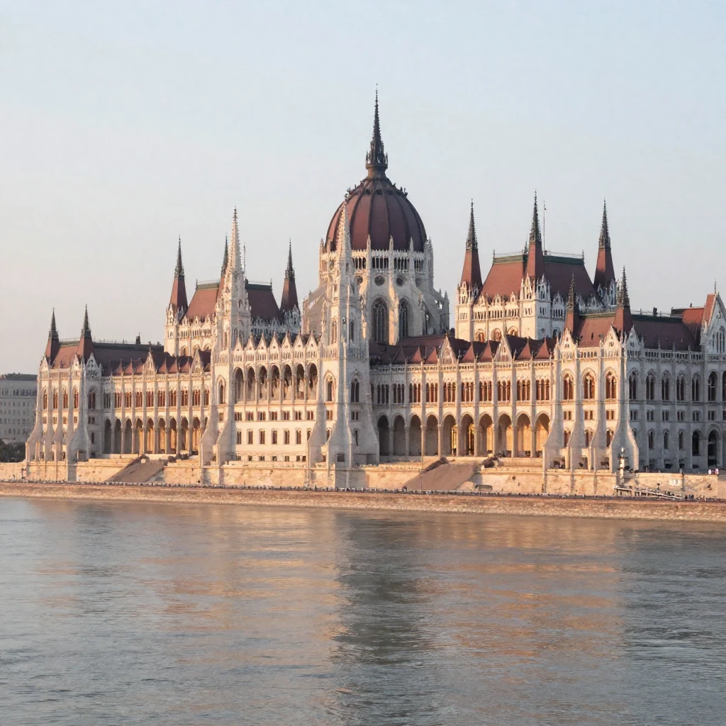 A majestic view of the Hungarian Parliament Building at dawn...