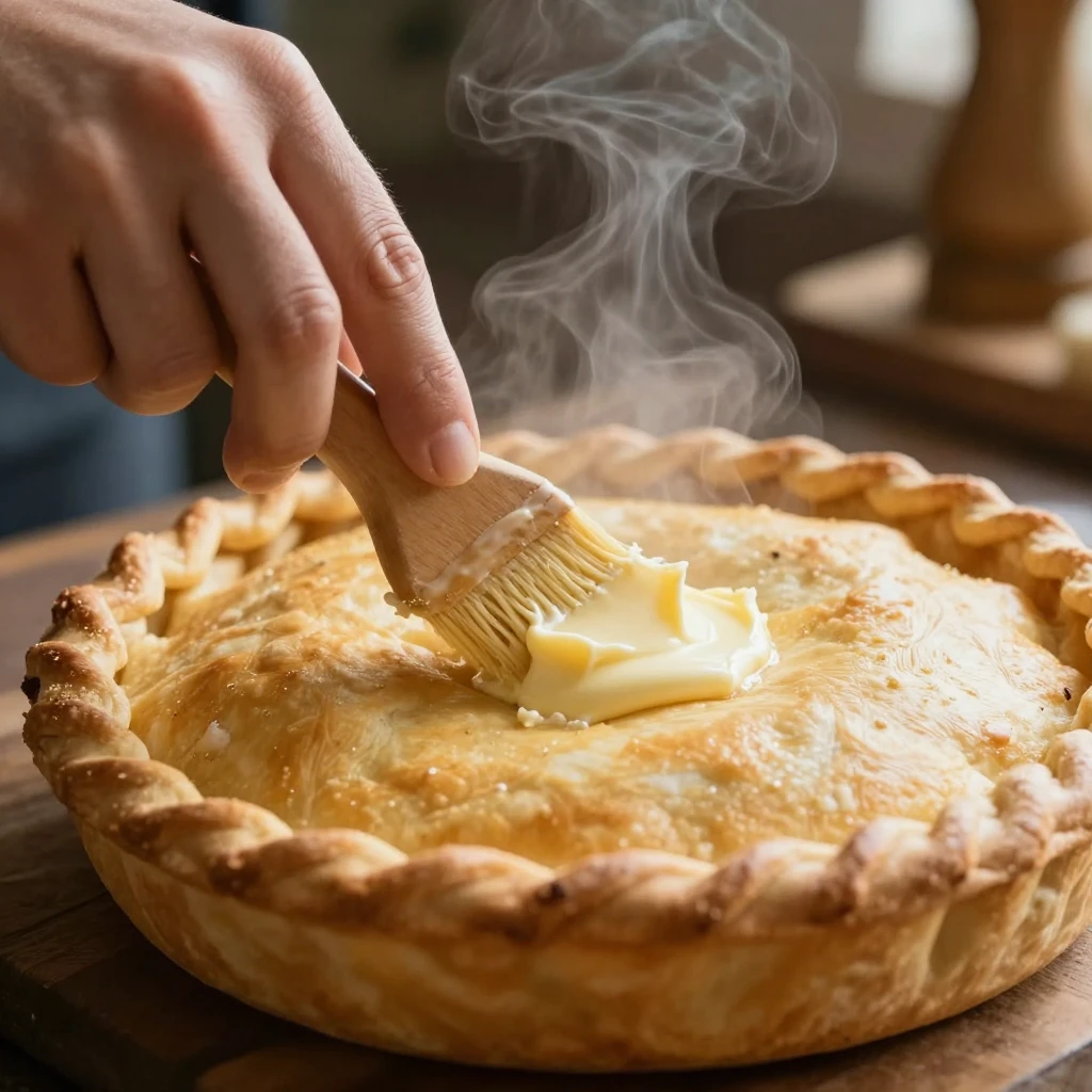 A close-up of a hand brushing melted butter onto a fresh, go...