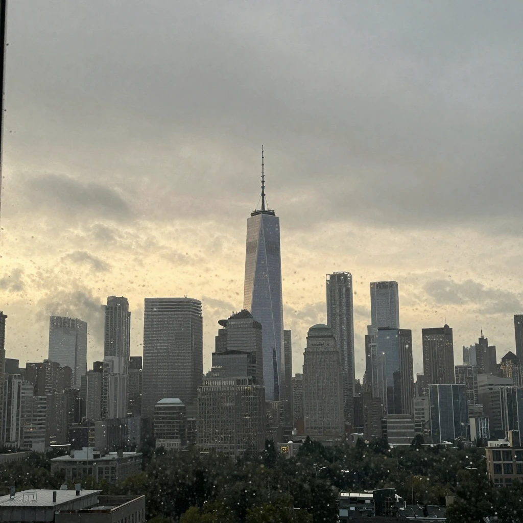 A cinematic 16:9 wide shot of a city skyline at dawn through...