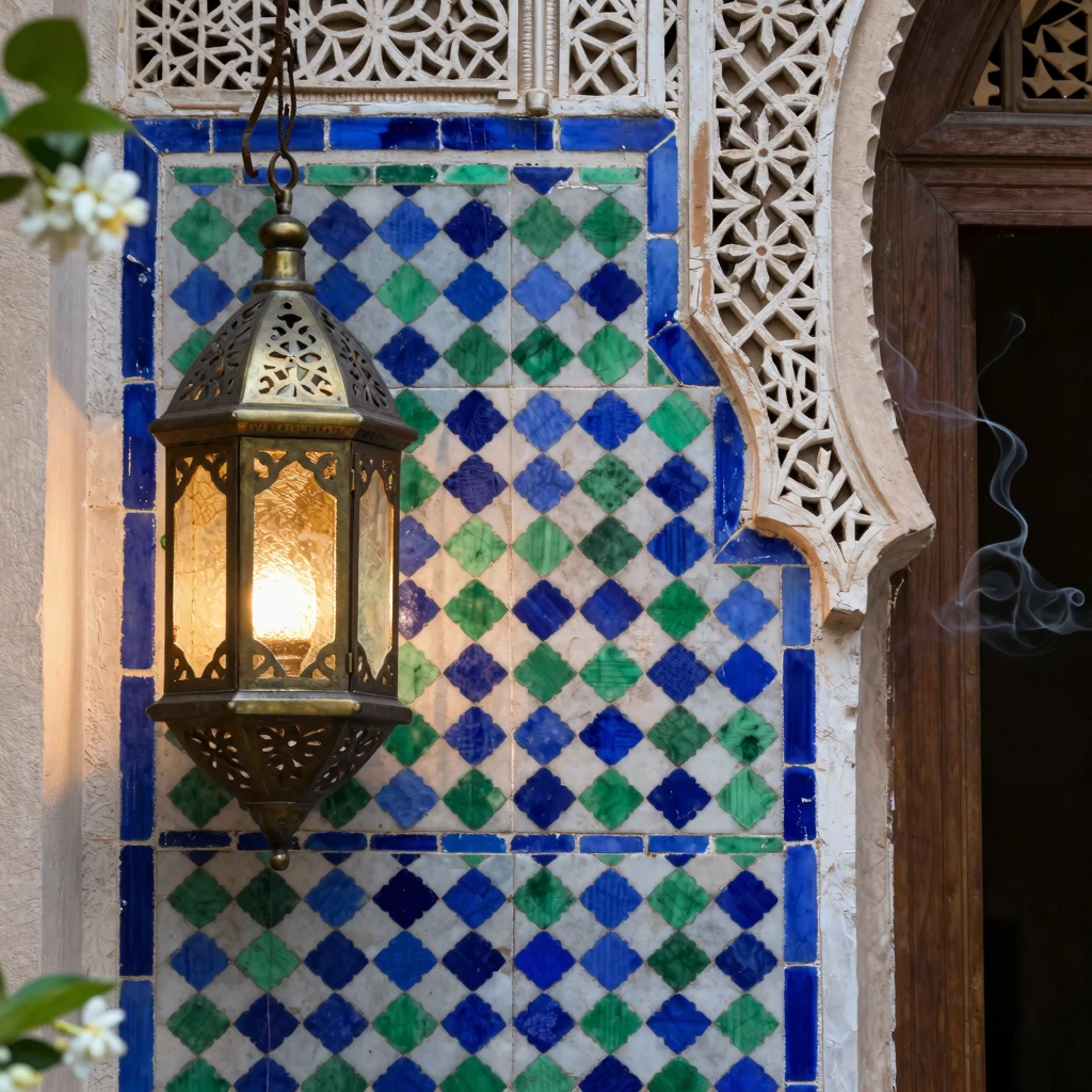Close-up of intricate zellij tile patterns in blue and green...