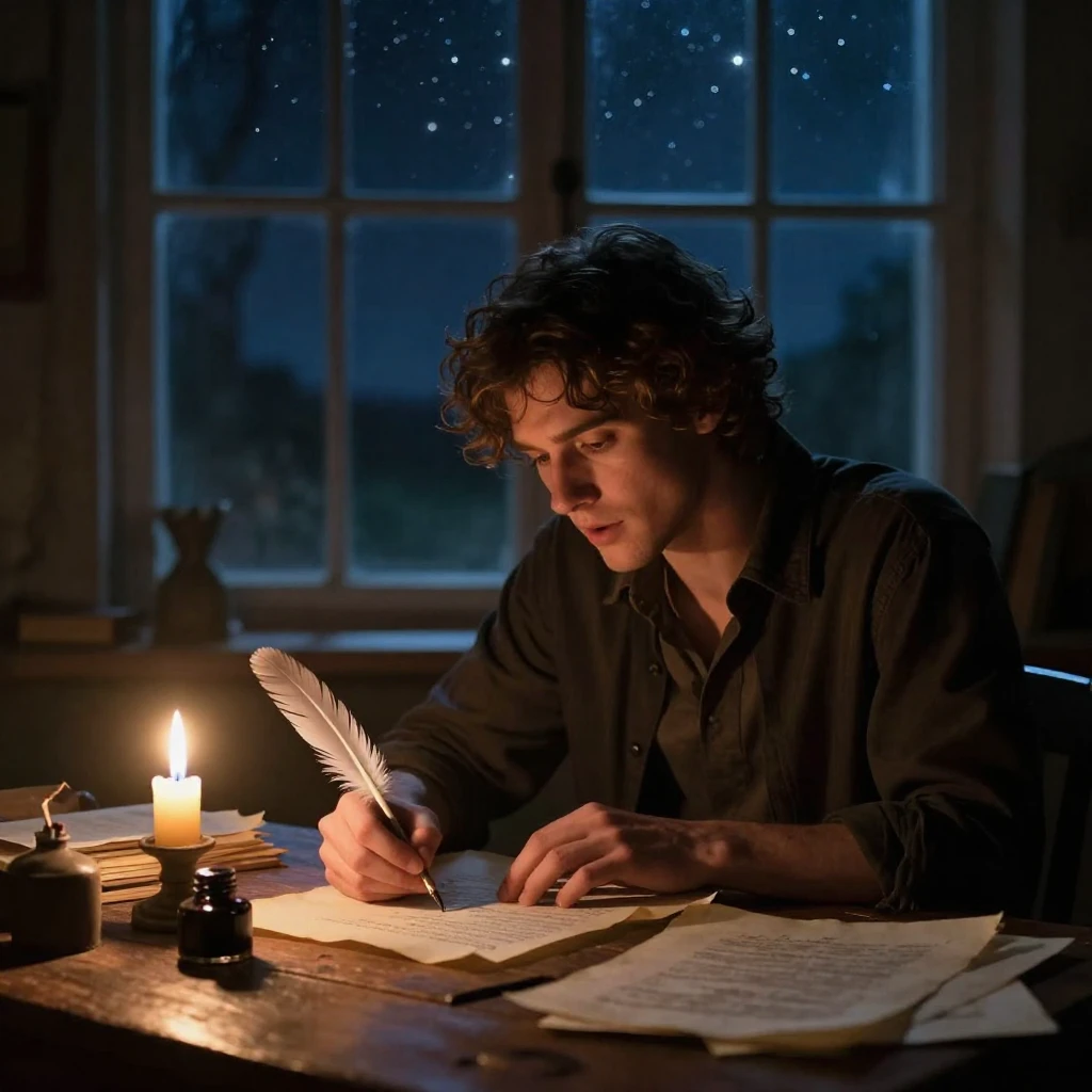 A romantic poet, gender-neutral, with an expressive face, si...