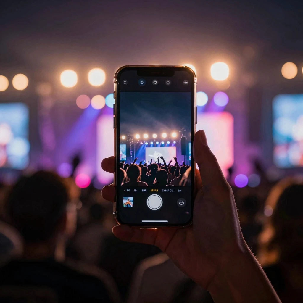 A stylish aesthetic photo of a smartphone held up in a conce...