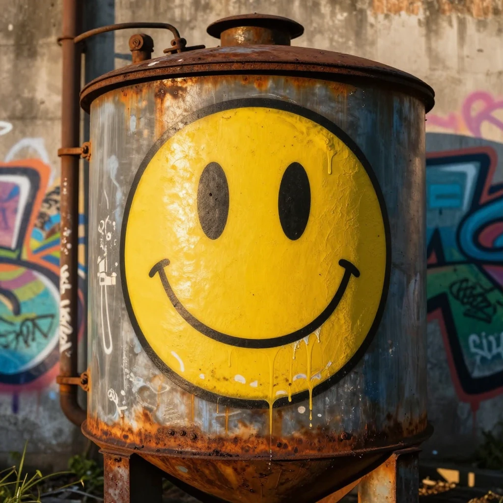 A large yellow hand-painted smiley face graffiti on a rusty ...