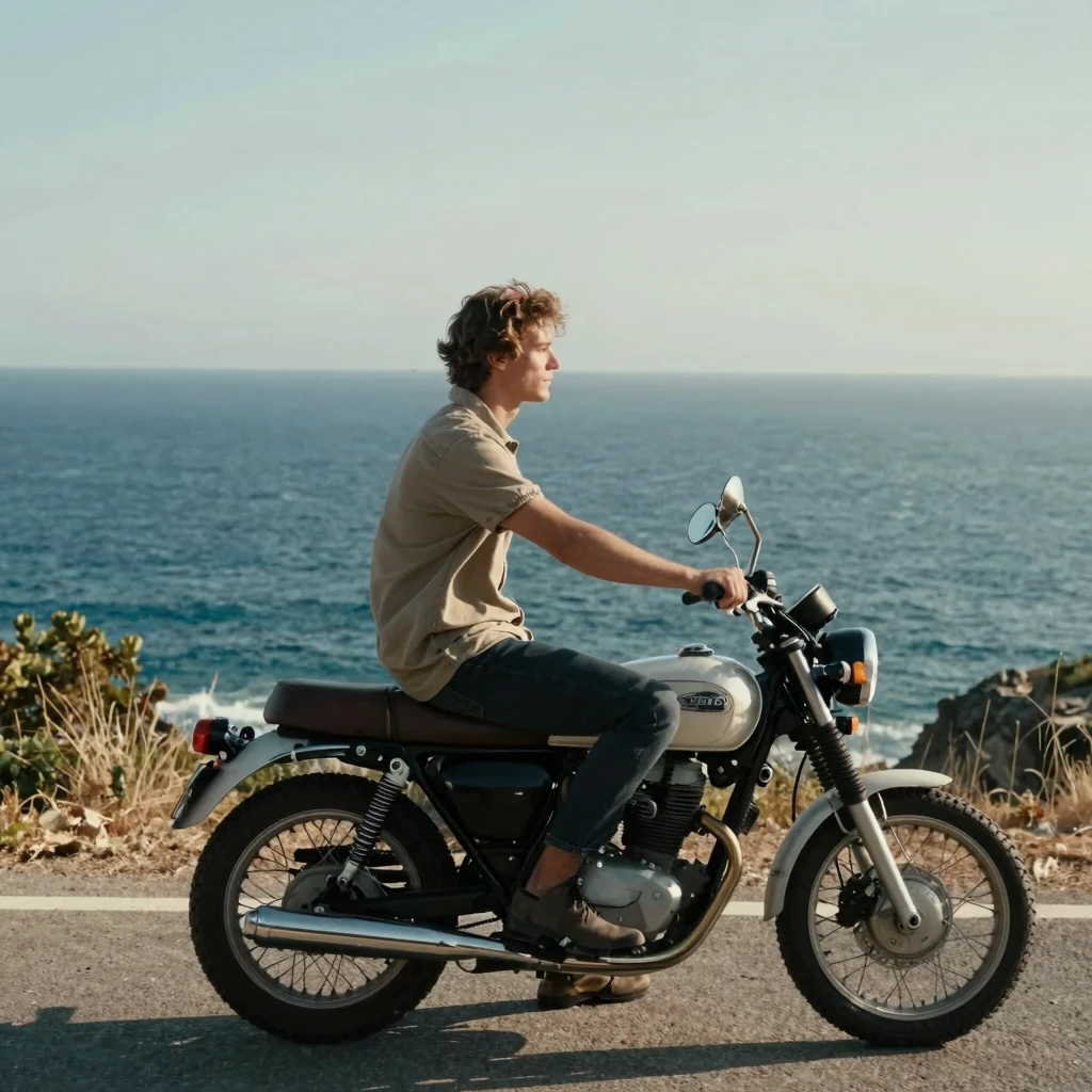 A handsome young European man sitting on a vintage motorcycl...