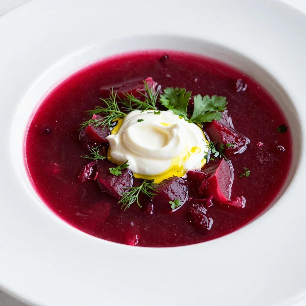 A single, modern, gourmet bowl of borscht, artfully presente...