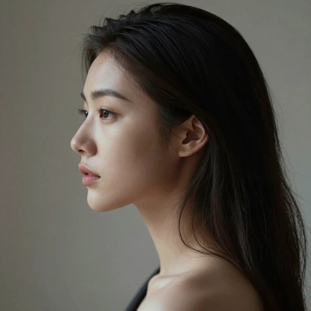 A striking profile portrait of a young woman, elegant and co...