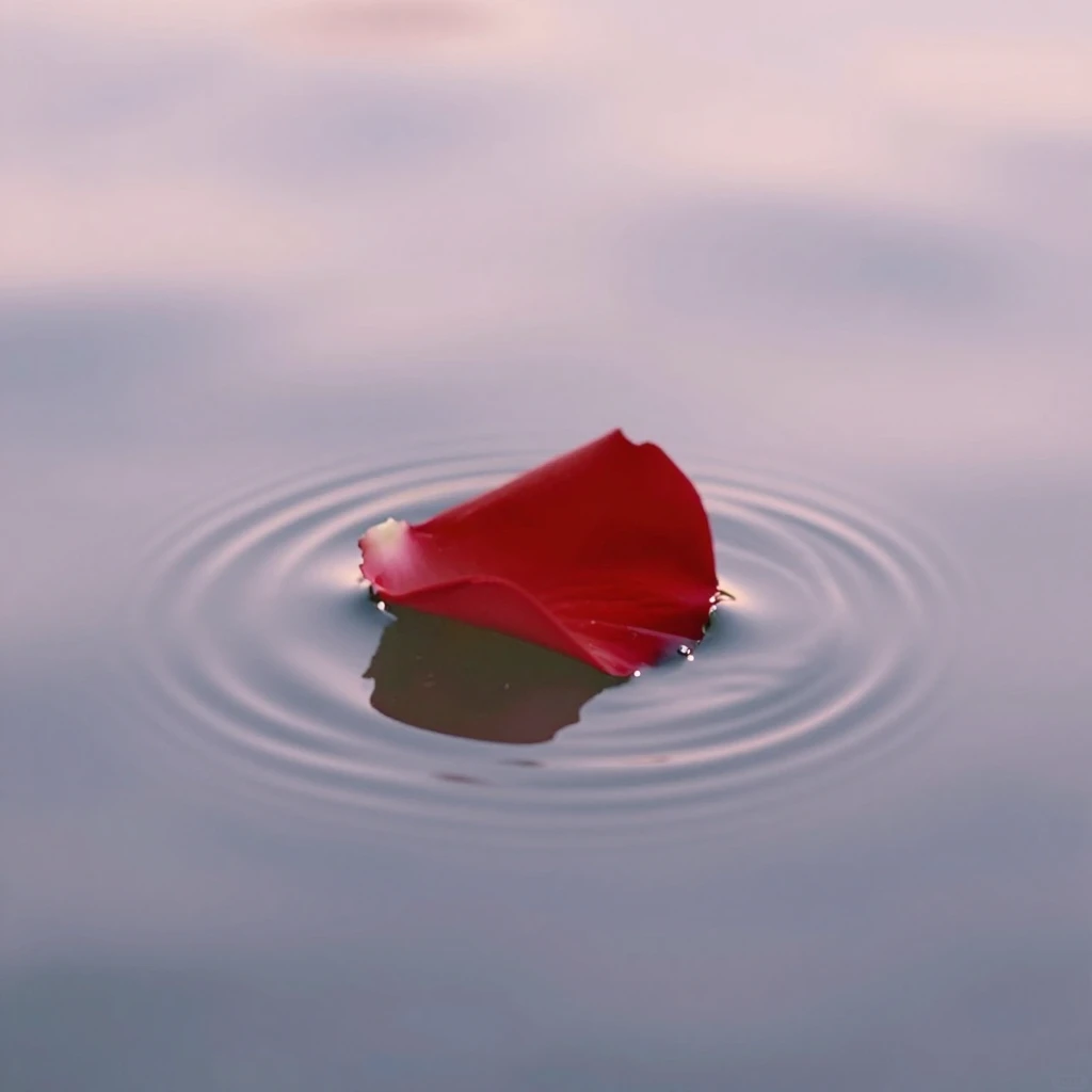 A single red rose petal falling into calm water with soft ri...