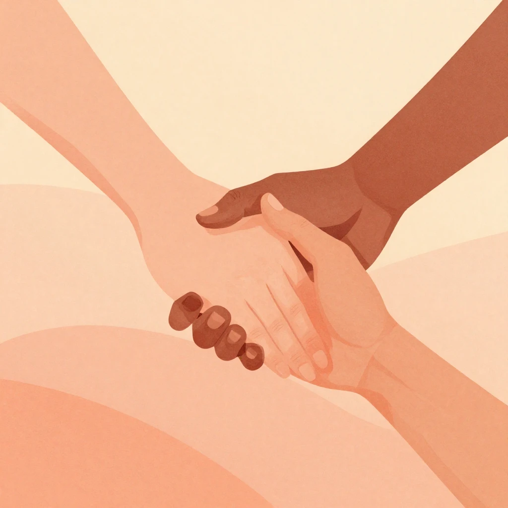 An abstract, warm illustration depicting two intertwined pat...