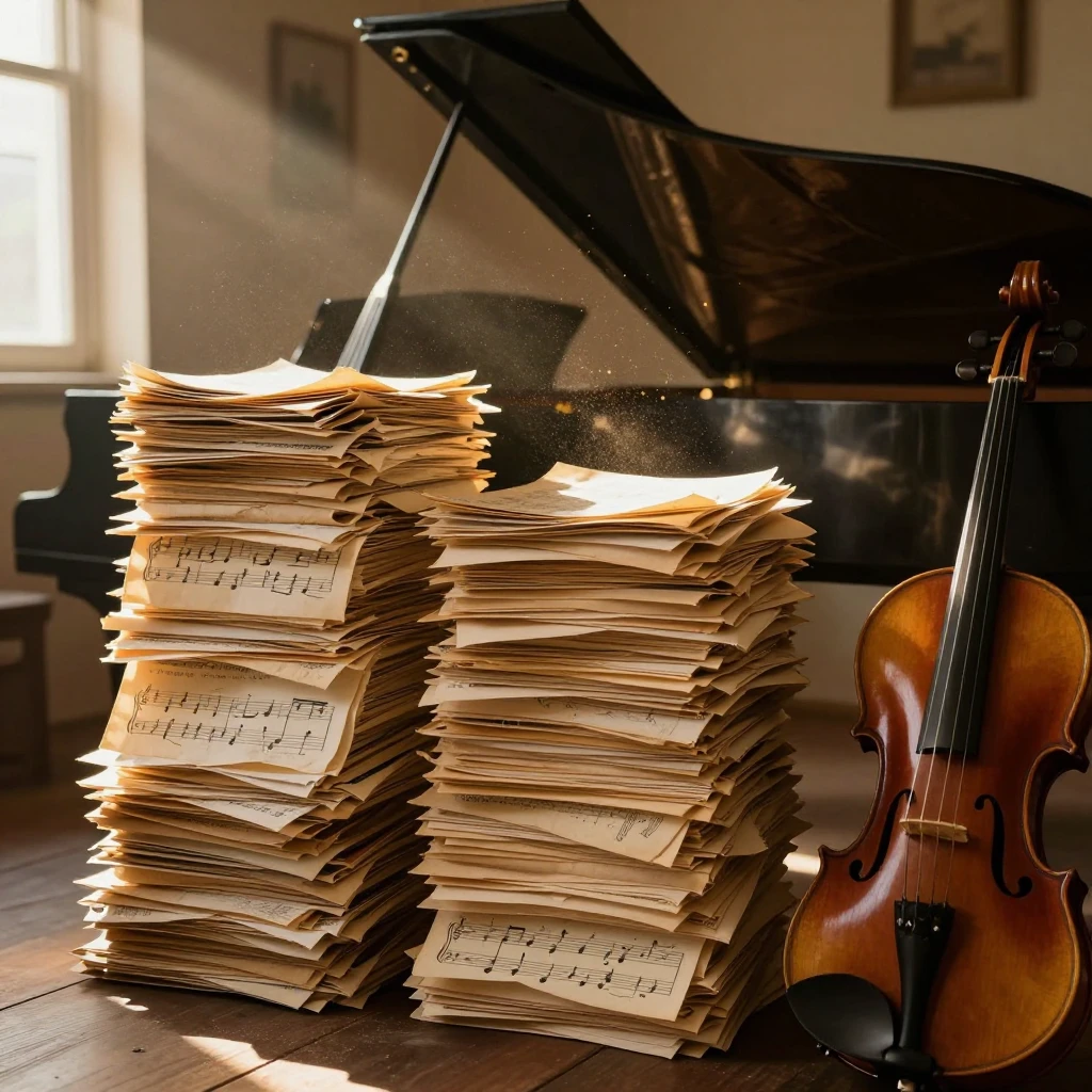 Stacks of old sheet music in a sunlit attic with grand piano...