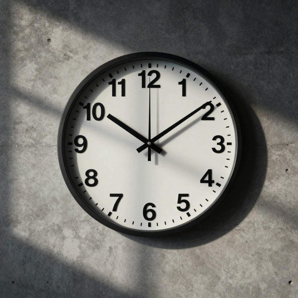 A large analog clock on a concrete wall, all numbers present...