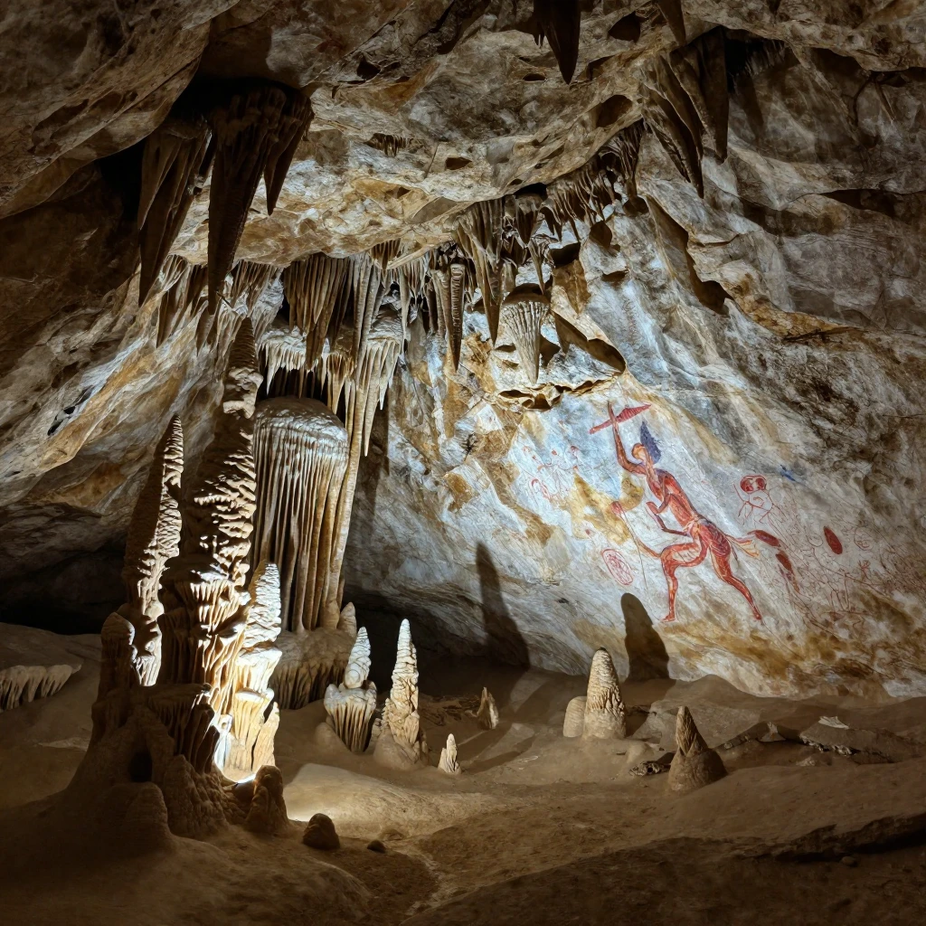 An ancient cave interior, rough rock formations, stalactites...