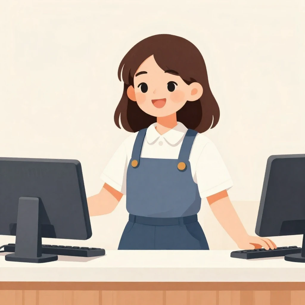 Artistic illustration of a cheerful cashier girl with a warm...