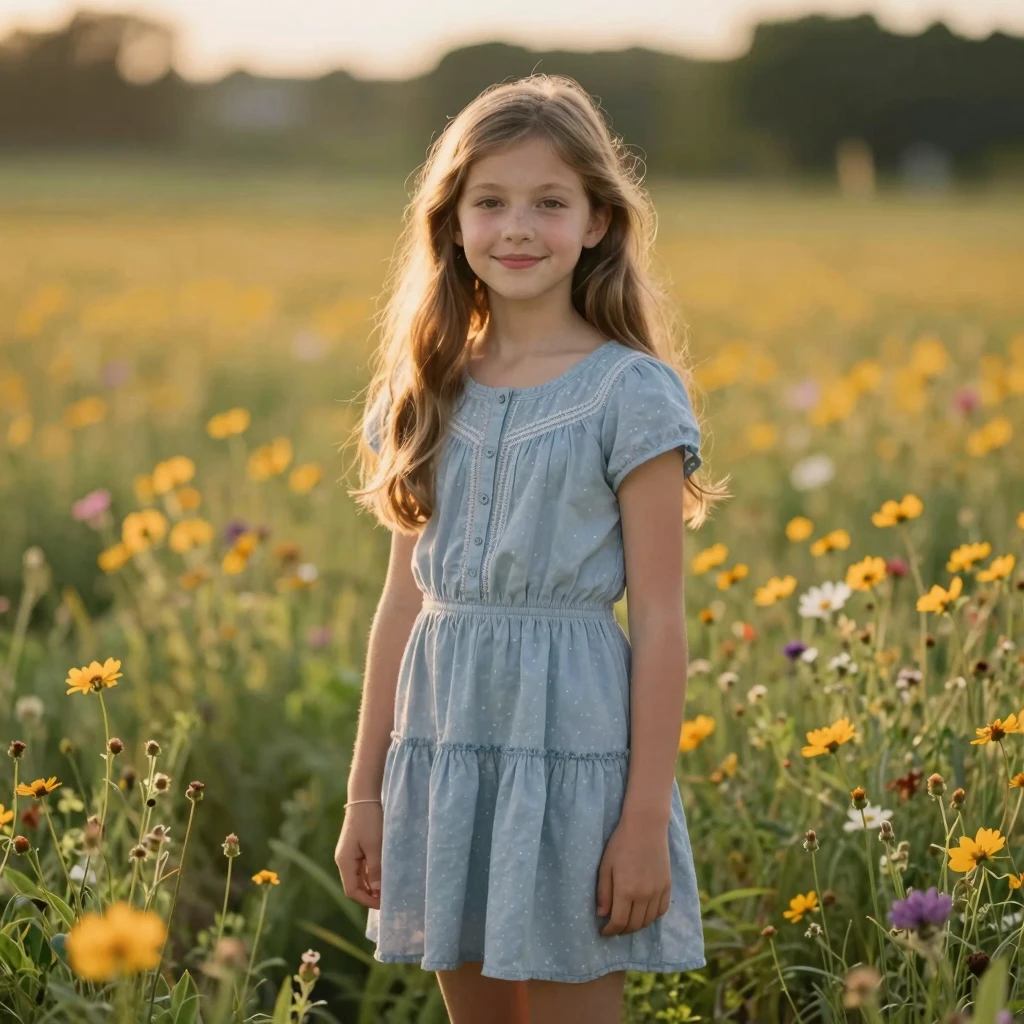 A beautiful 11-year-old girl with long hair and a gentle smi...