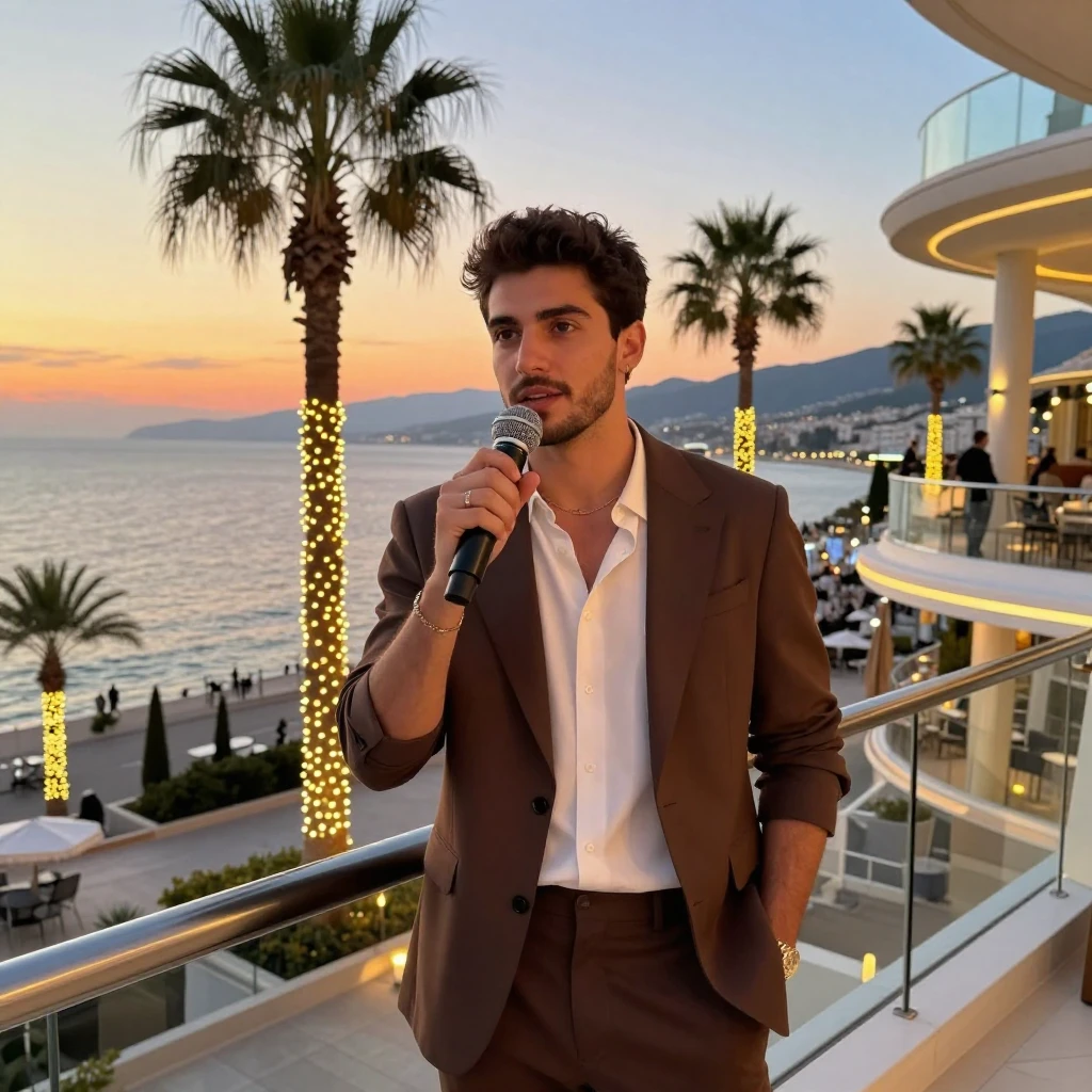 A stylish young Armenian man with a microphone, standing on ...