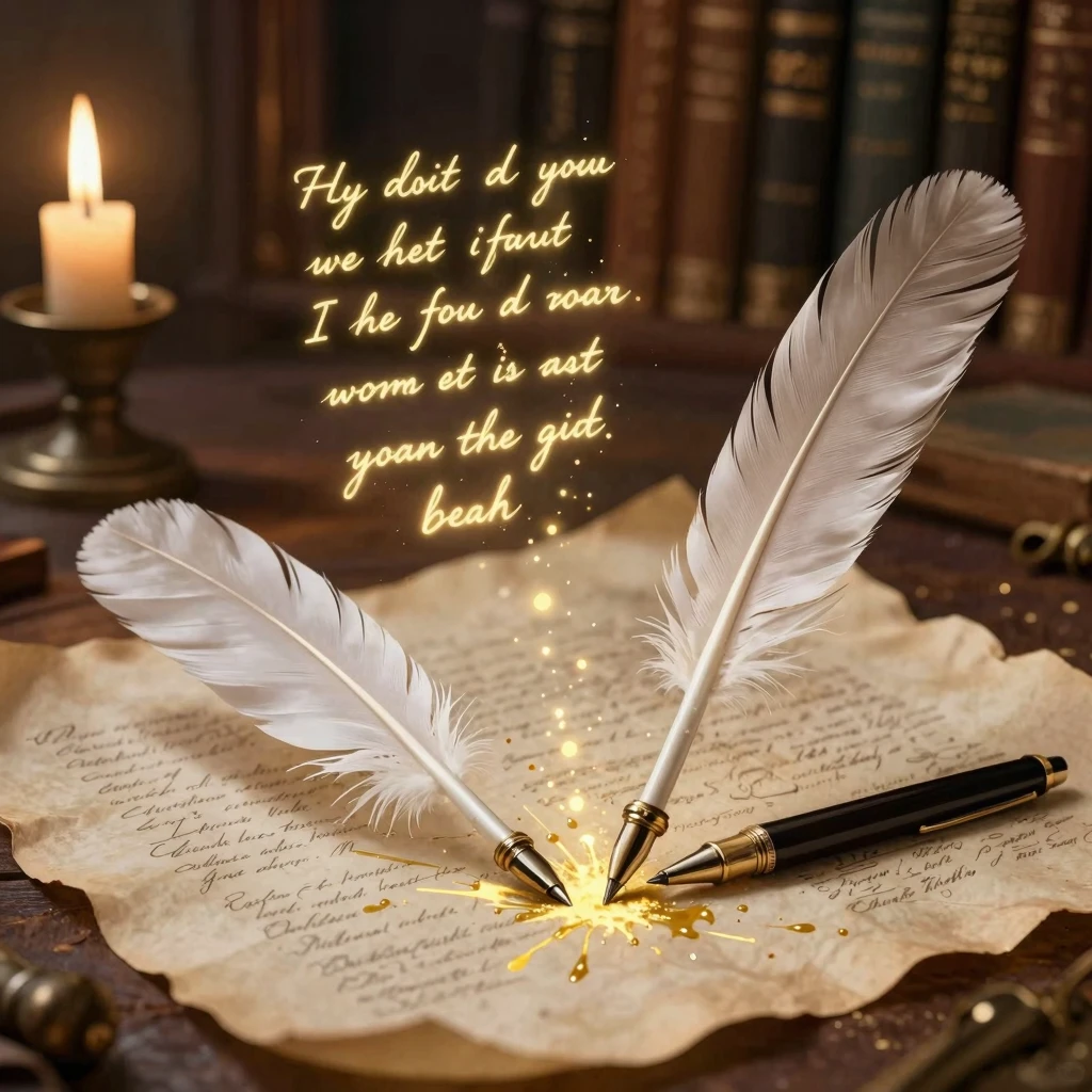 An artistic illustration of two quills, one classic white fe...