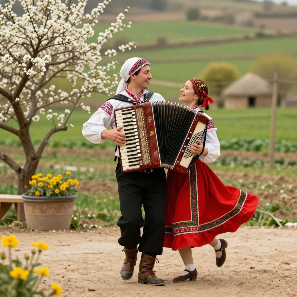 A rustic scene with traditional folk elements, such as a per...