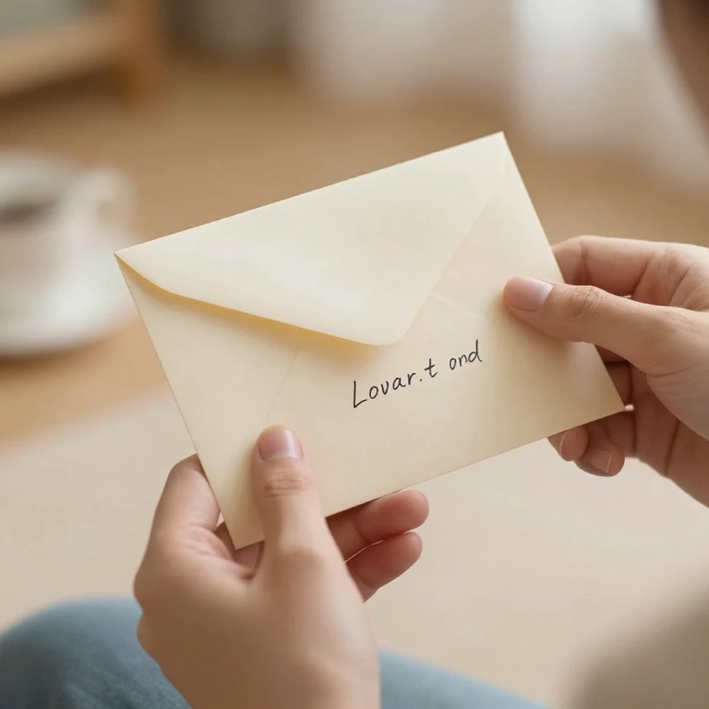 An artistic depiction of a hand holding a handwritten letter...