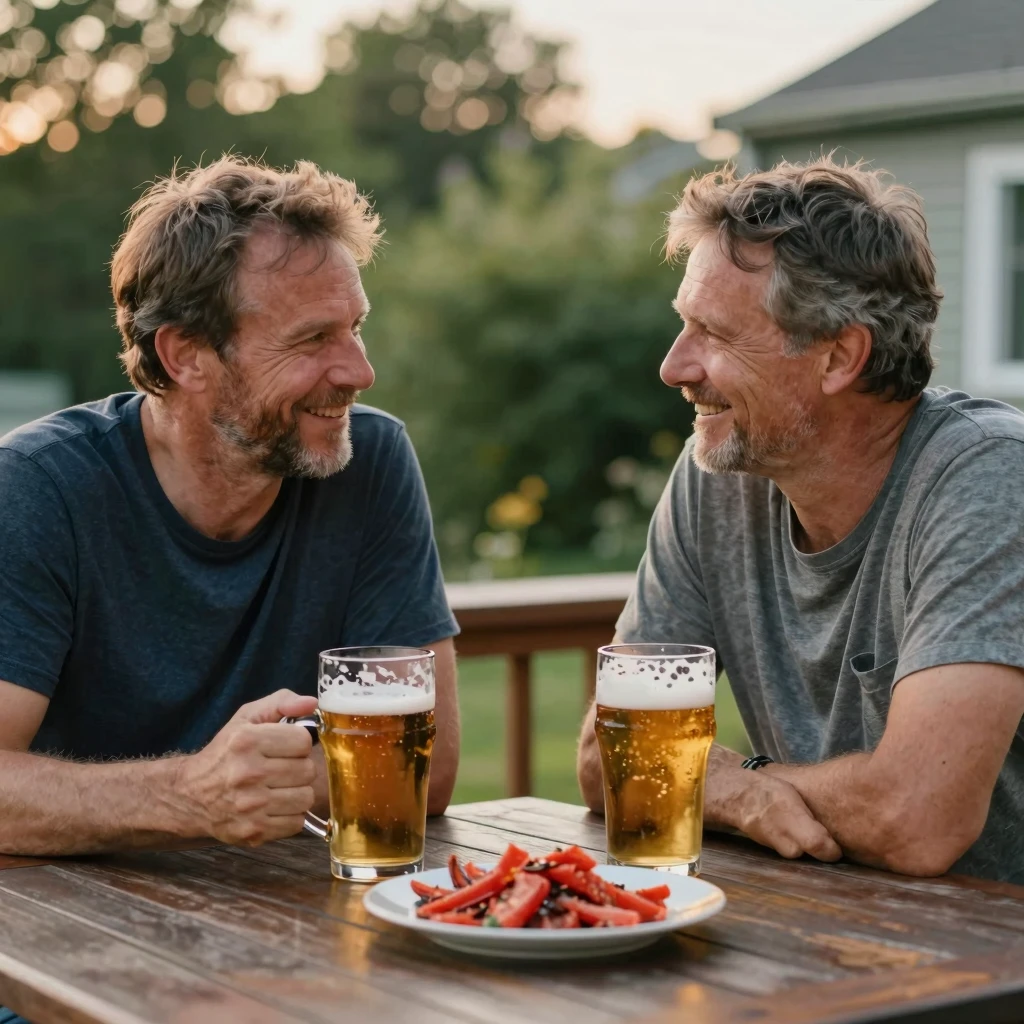 Two middle-aged men friends sitting at a wooden table on a s...